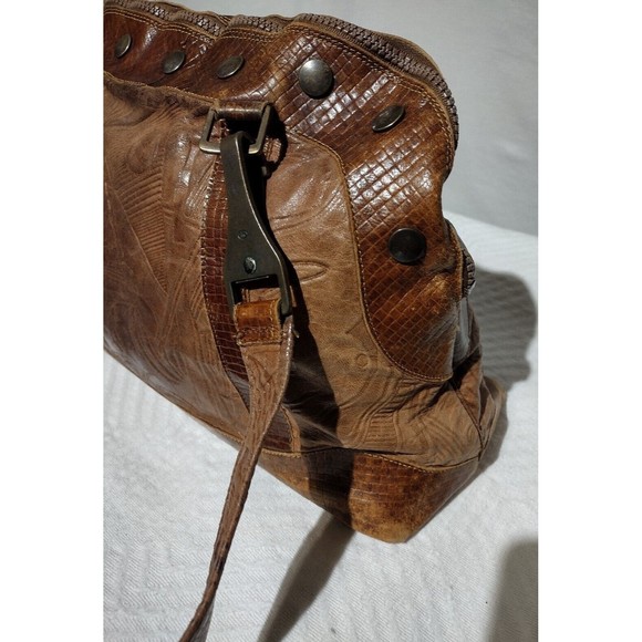 Vintage Lisandro Sarasota Large 2-Tone Brown Leather Engraved Double Handle Bag - Picture 6 of 16